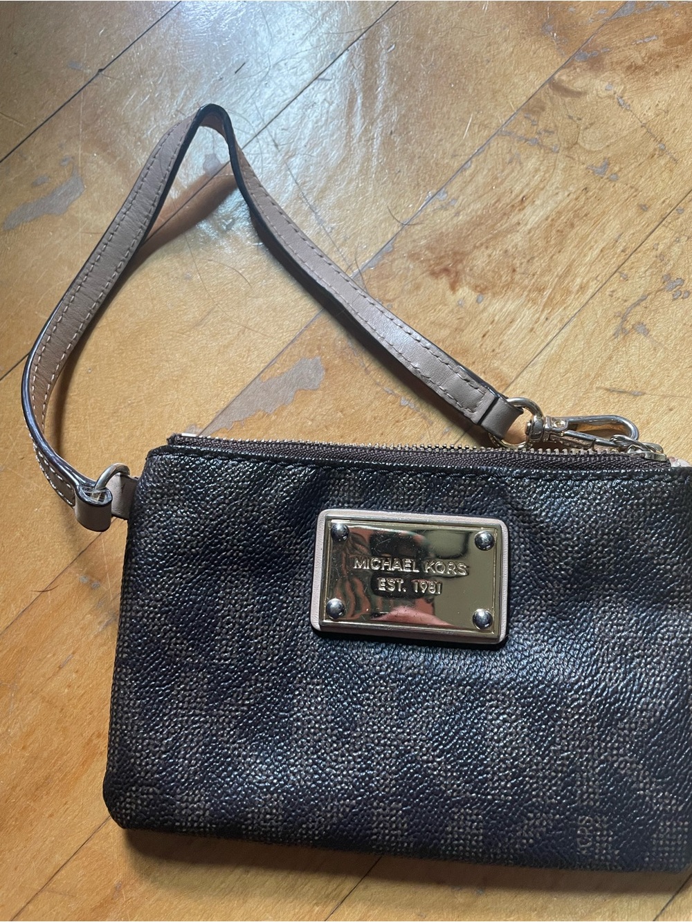 Michael Kors Brown Pebbled Leather Wristlet with Taupe Strap